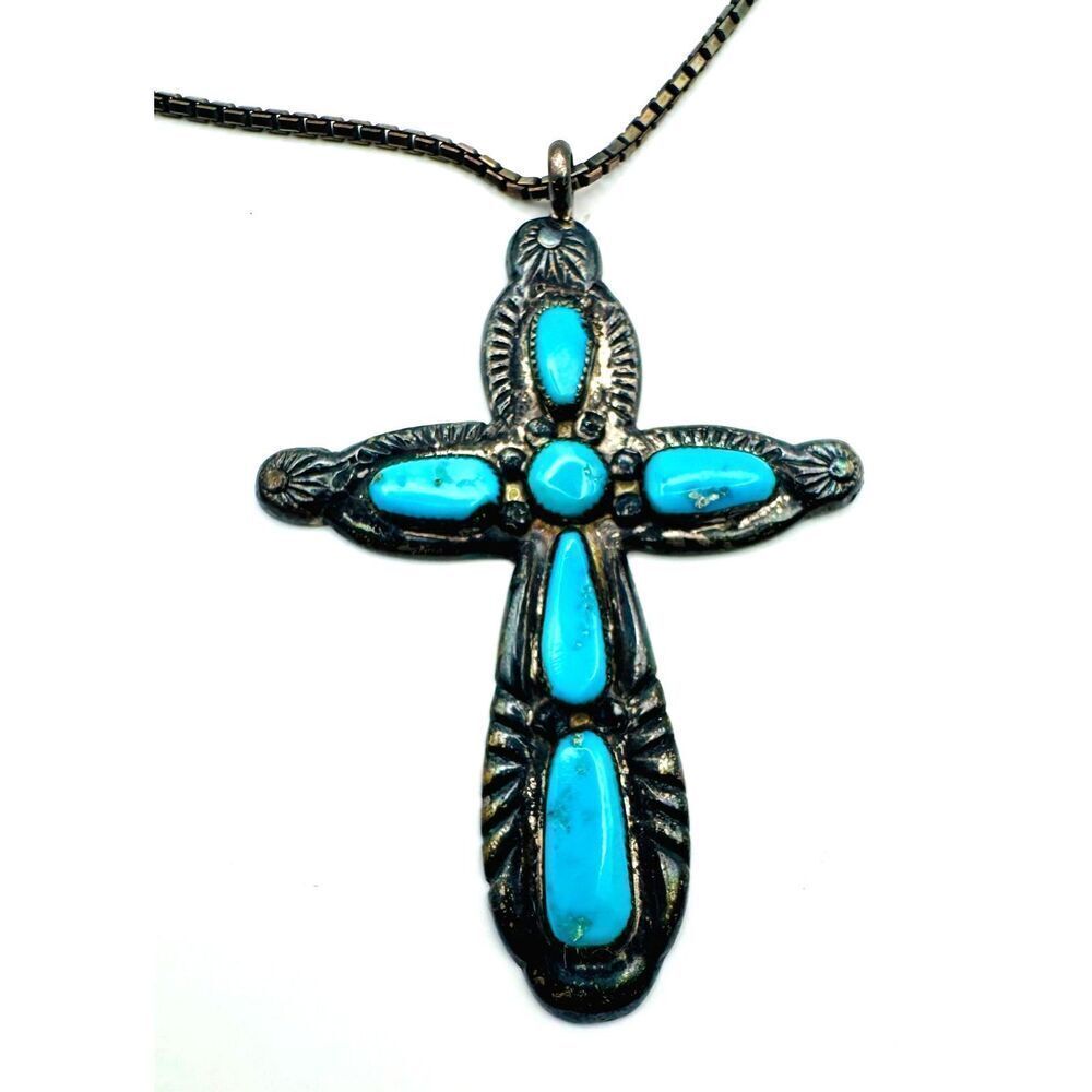 Lupe Lule Zuni Native American Indian Sterling Silver Turquoise Cross SS Chain